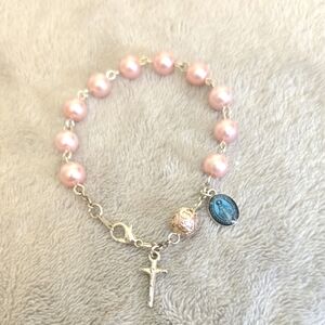 #565 Pink Beaded Bracelet with Silver Charms